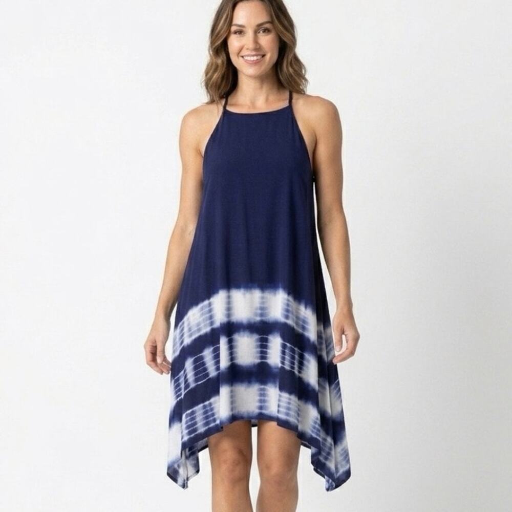Blue Rain Women's Tunic Swing Dress XS Blue Tie Dye Sleeveless Asymmetric Hem